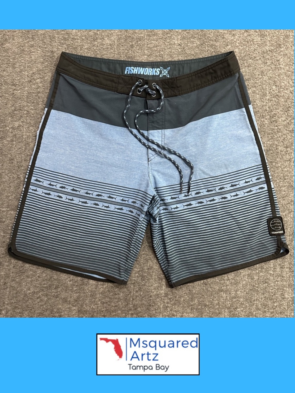 Fishworks Quad Stretch Board Shorts Men's Size 34 Blue Fishing Surf Swim Shorts